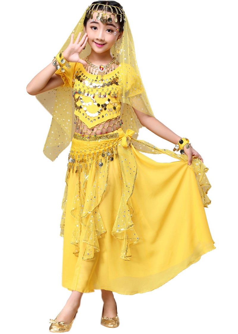 Astage Girl Belly Dance Sequin Indian Dance Costume Halloween Wear Yellow S(6Y-8Y) - Image 3